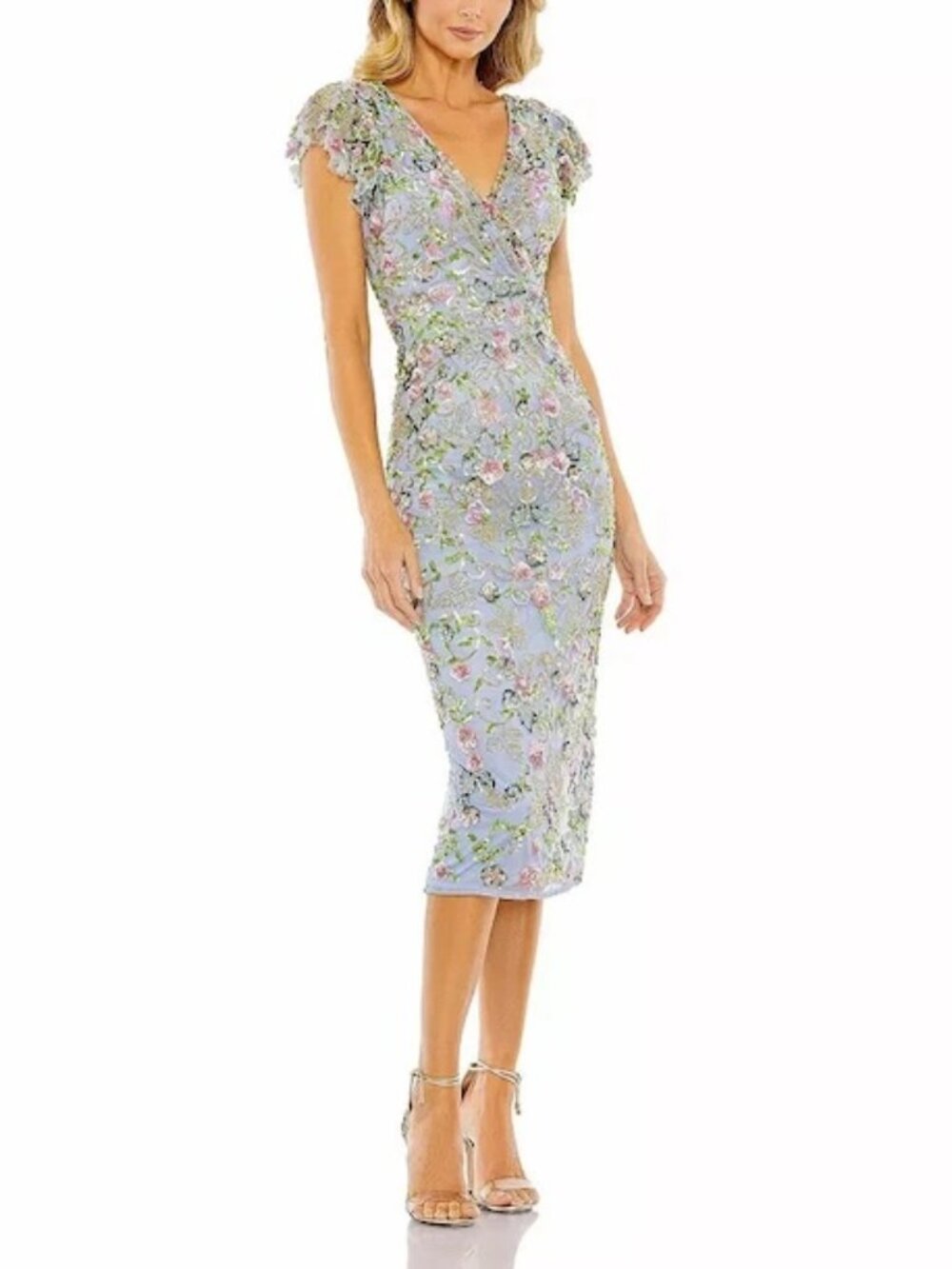 Mac Duggal Slate Blue Floral Embellished Flutter Cap Sleeve Dress - Picture 4 of 4